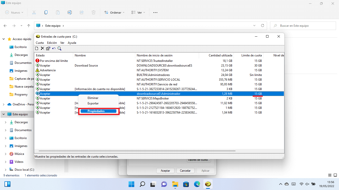 añadir una cuota de almacenamiento para las cuentas de usuario de Windows 11 en tu ordenador