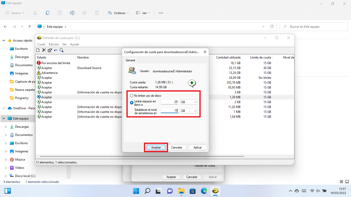 limite de alamacenamiento en cuenta de usuario de windows 11