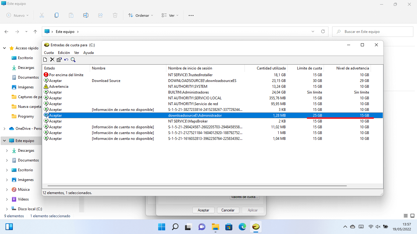 poner un limite de espacio en el disco duro a las cuentas de usuario de windows 11 en tu ordenador
