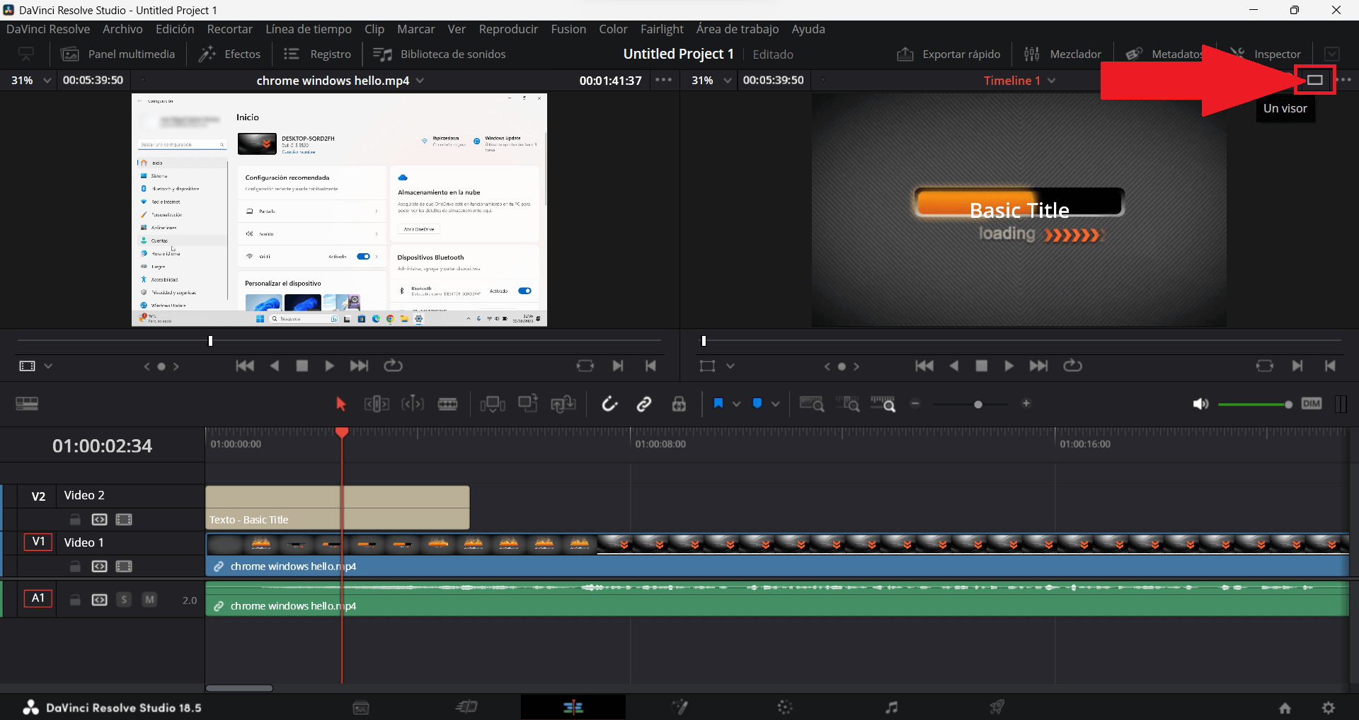 doble visor en el editor de video de Davinci Resolve