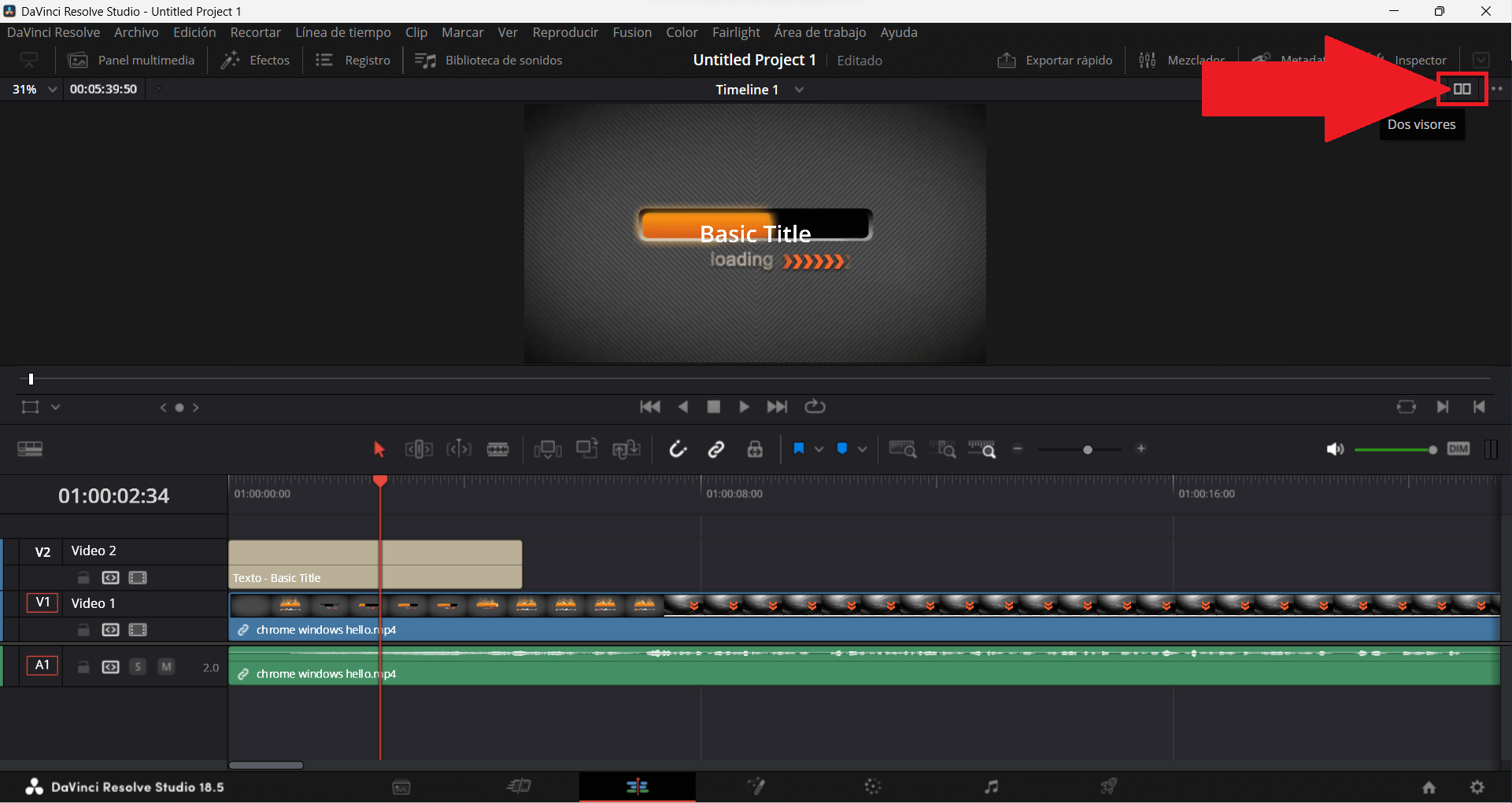 como activar uno o dos visores de reproducción del editor de video Davinci REsolve