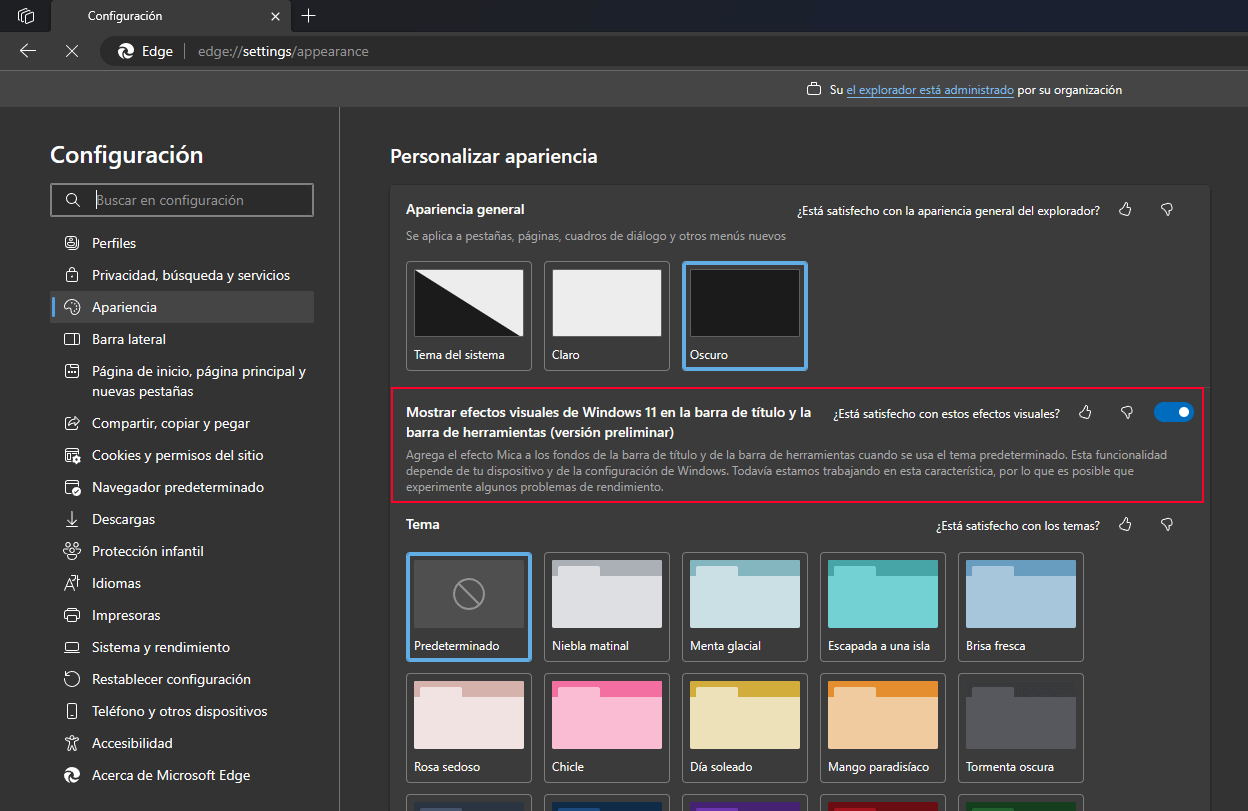 habilitar el efecto mica en edge de windows 11