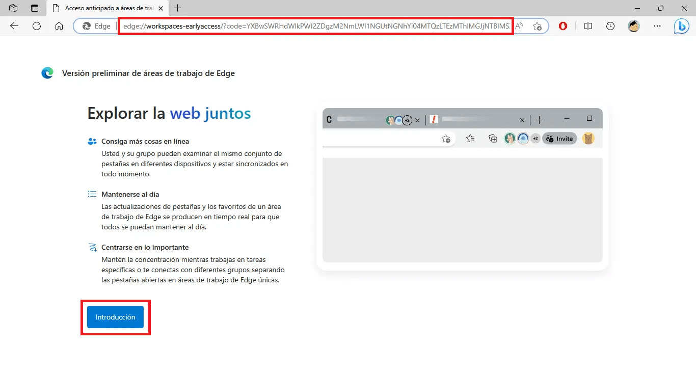 como acceder a la version preliminar de areas de trabajo de Microsoft Edge