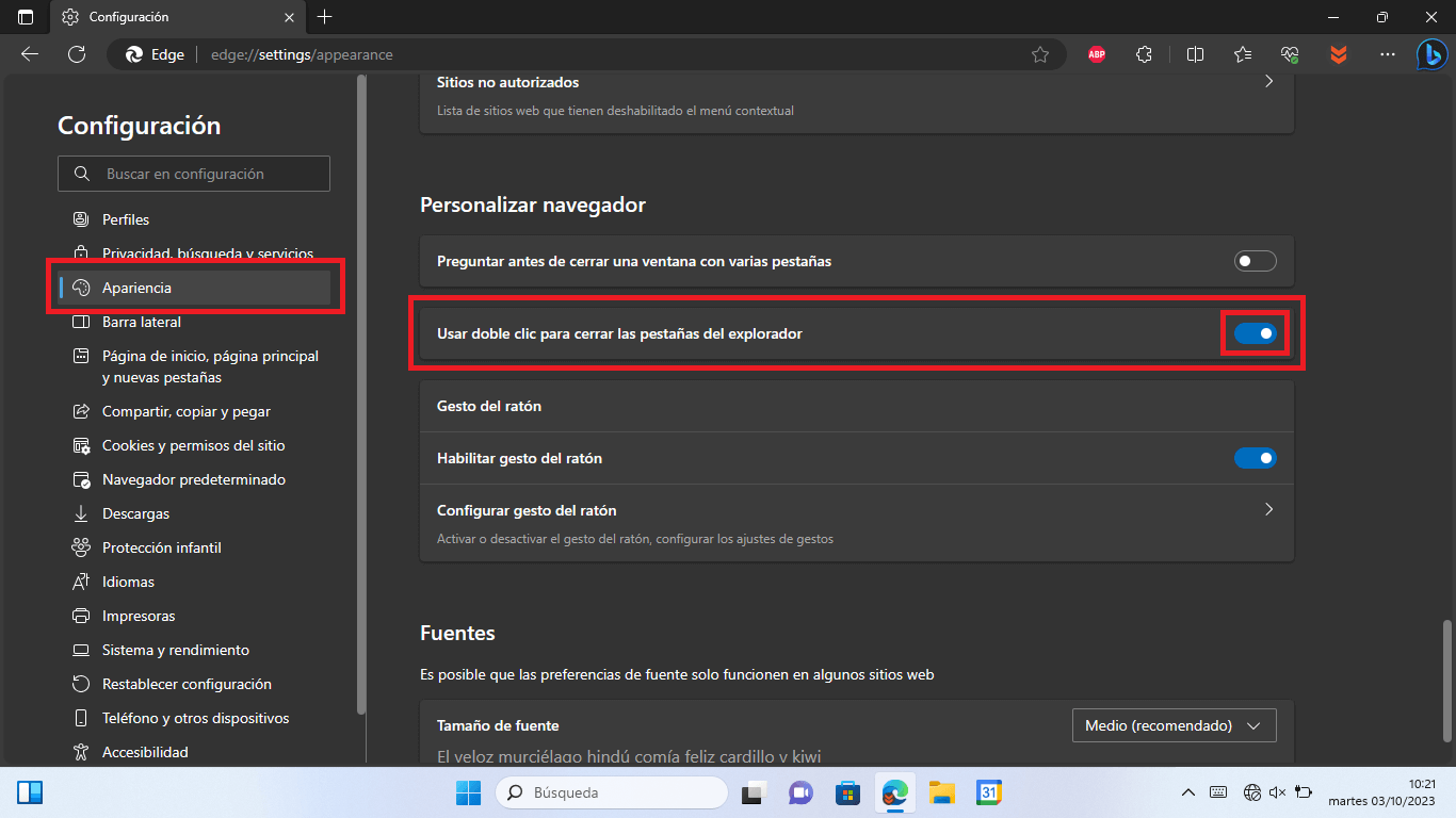 edge permite cerrar pestañas con doble clic de raton