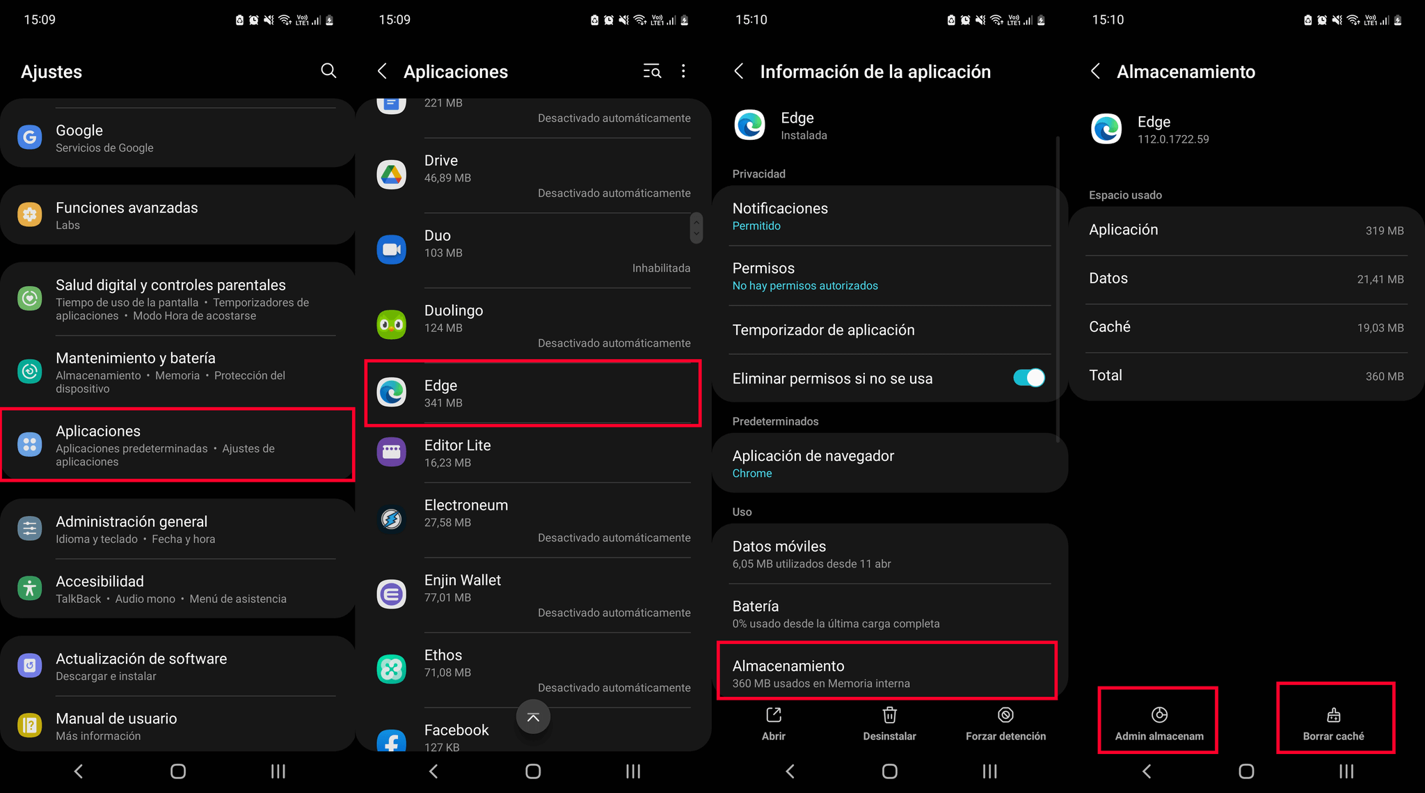 elimina la cache del navegador edge en la app para Android