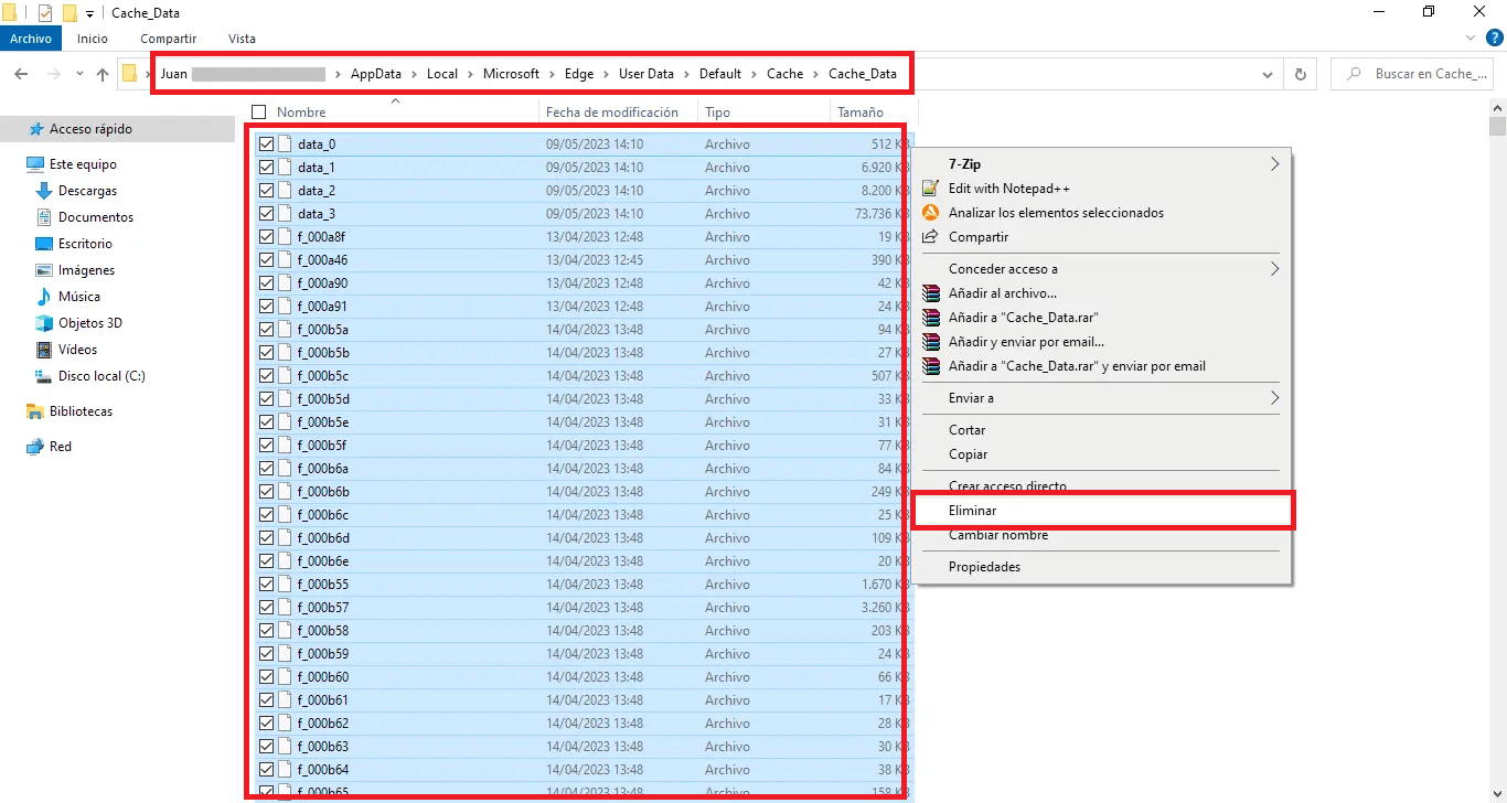 como eliminar los archivos de cache local de edge