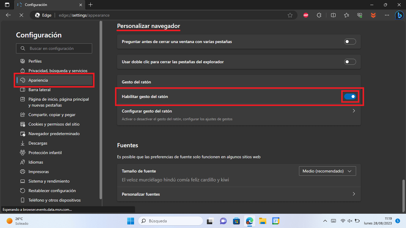 activar la función de gestos de raton en tu navegador edge