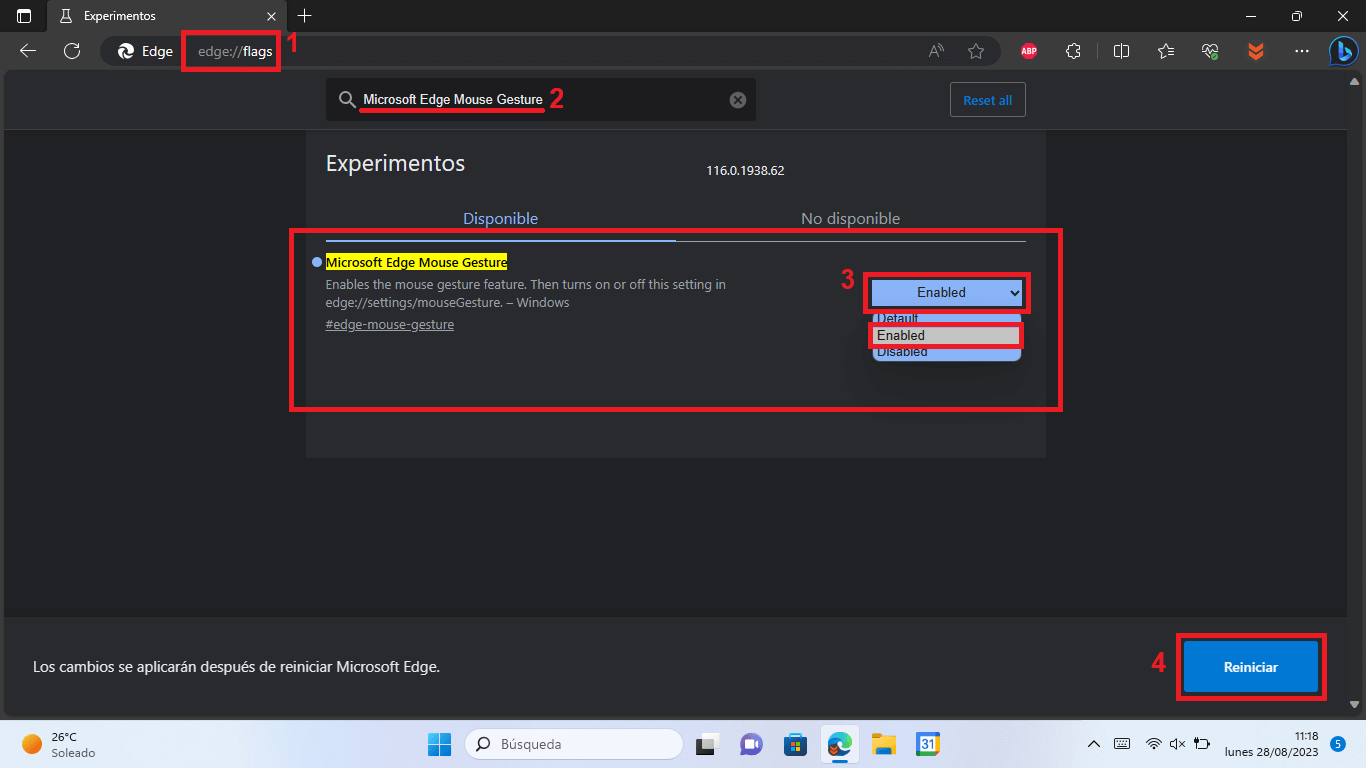como habilitar los gestos de raton para navegar por internet desde edge