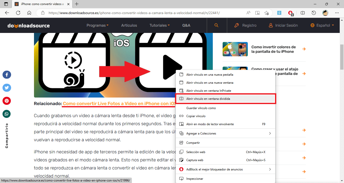 como activar la ventana dividida en Microsoft Edge