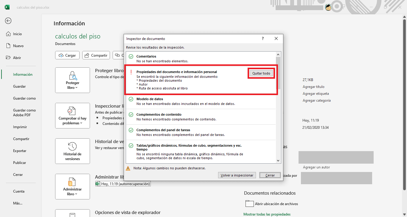 como borrar o eliminar los metadatos de archivos excel