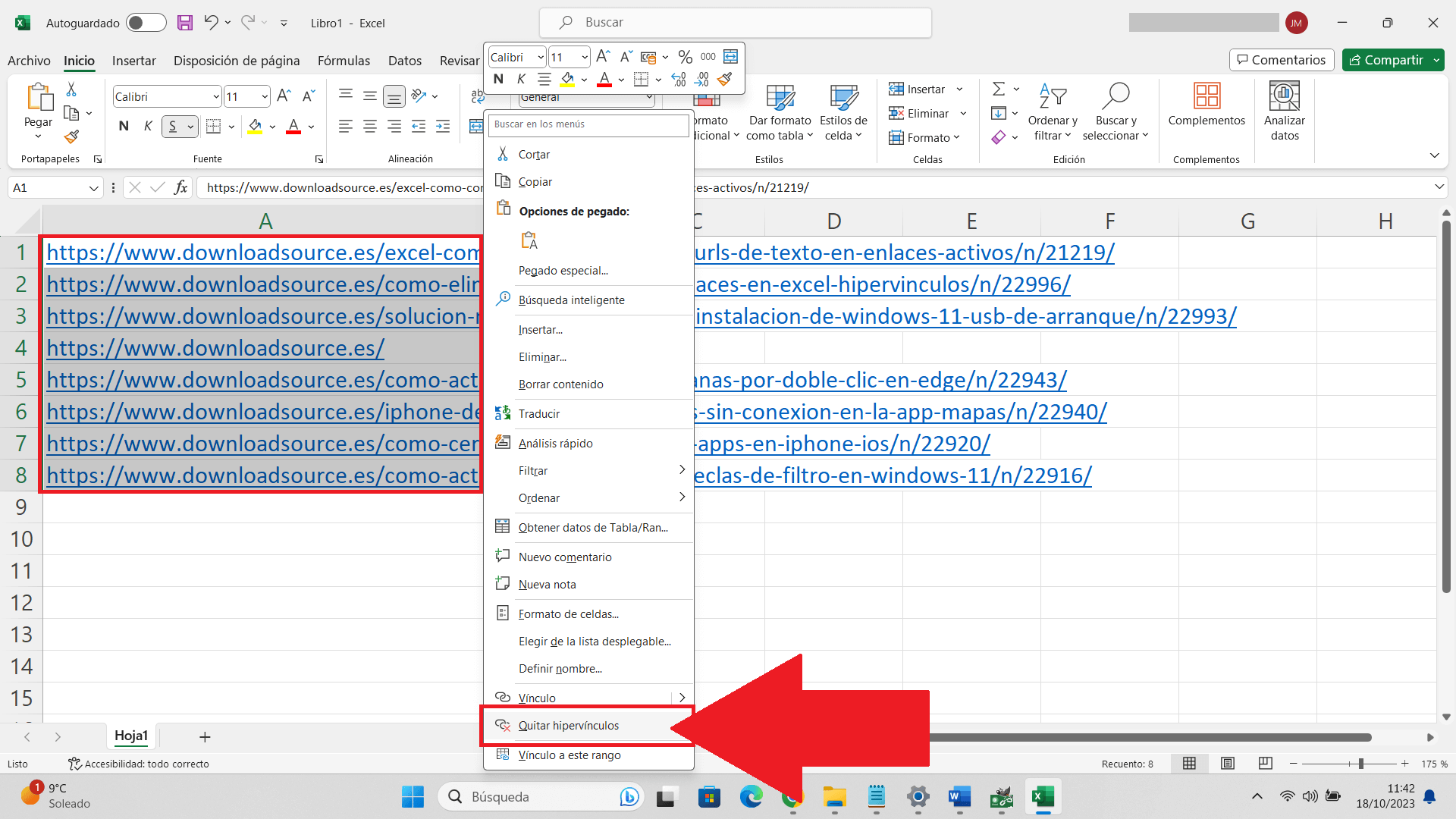 como eliminar los hipervinculos de los enlaces de las hojas de calculo de Microsoft Excel