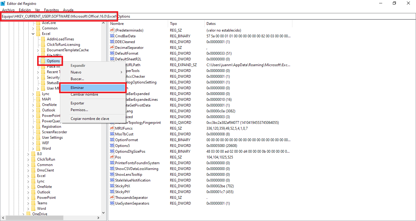 como restablecer la configuración de Microsoft Excel a la predeterminada