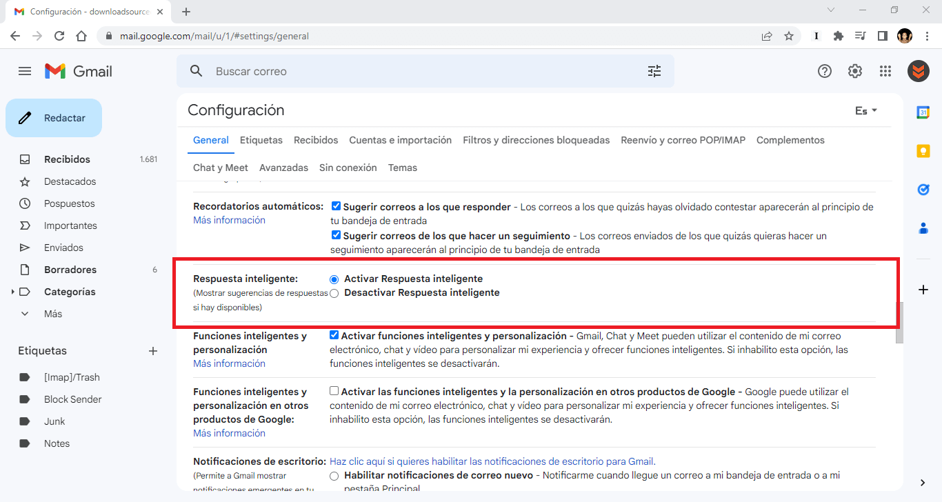 habilitar las respuestas sugeridas de gmail 