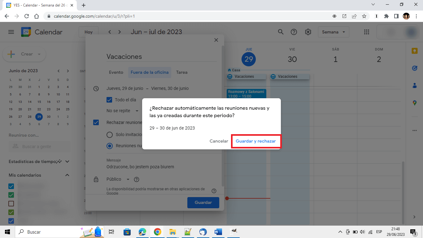 utilizar el dia fuera de la oficina de google calendar