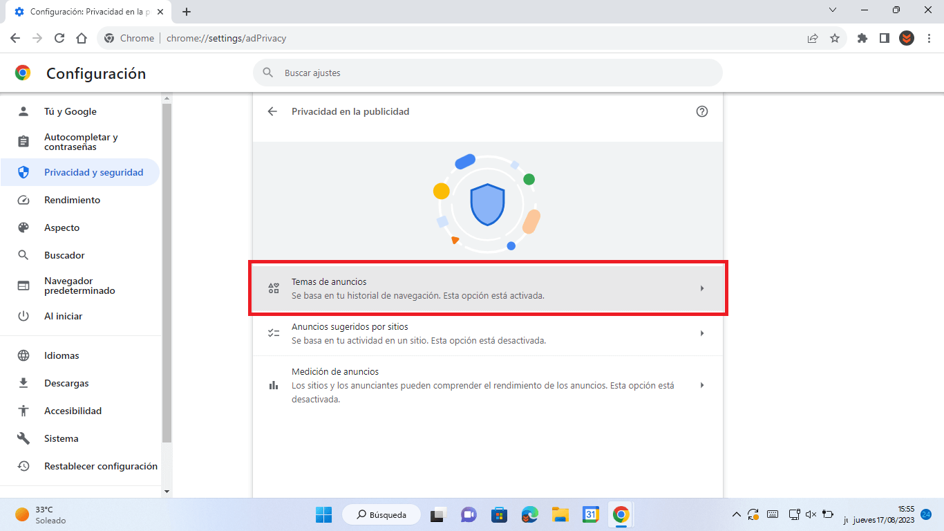 como activar los temas de anuncios en el navegador Google Chrome