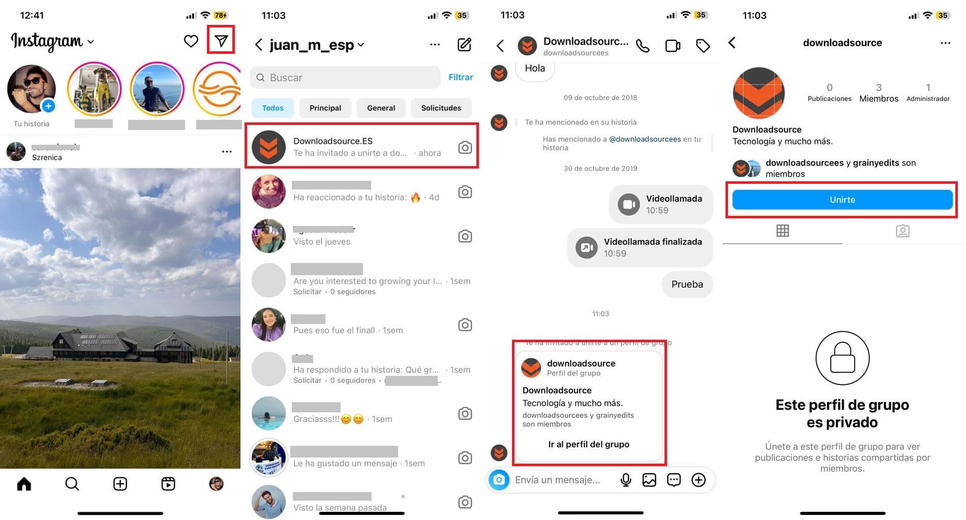 invitación a pagina de grupo en instagram 