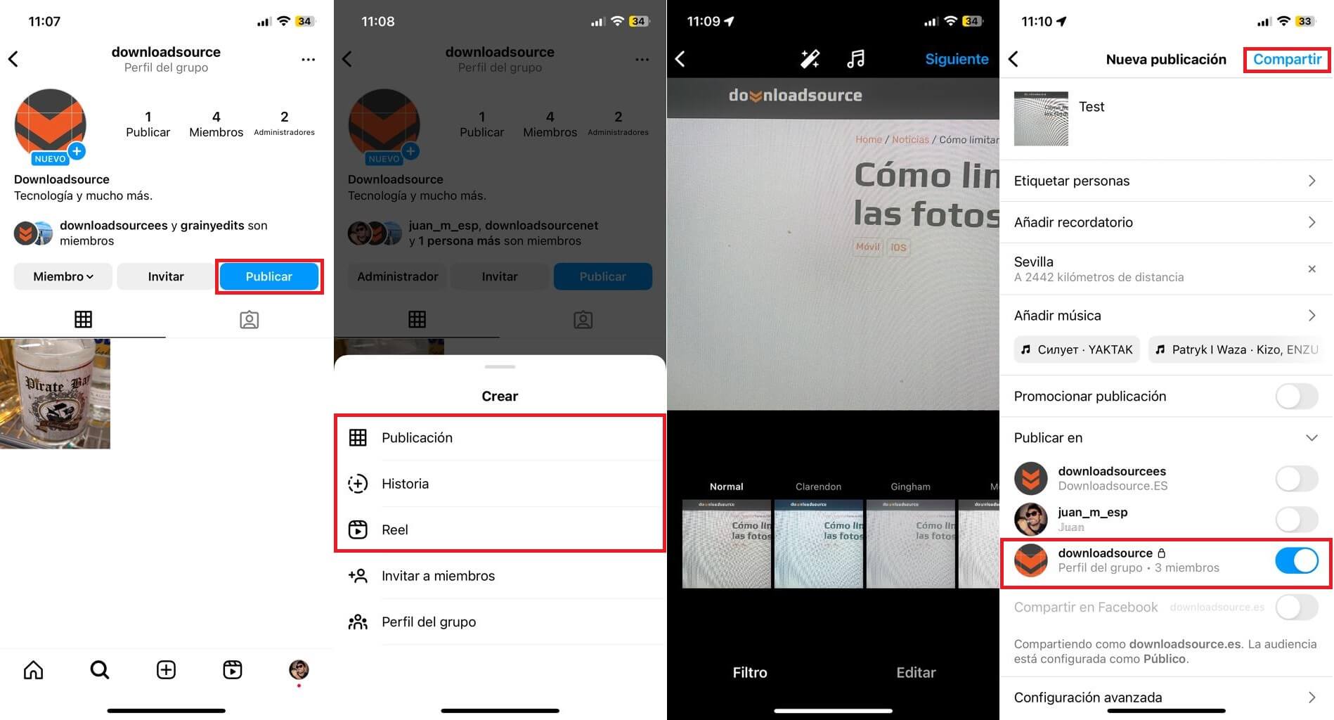 publicar en un perfil de grupo de instagram