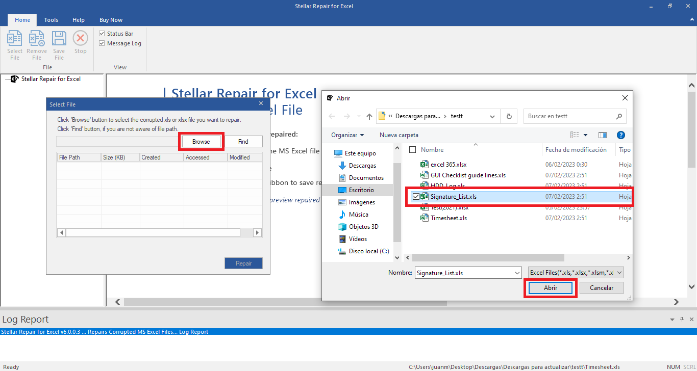 Selecciona el archivo Excel dañado en la ventana del explorador de archivos (Podrás seleccionar más de un archivo a la vez)
