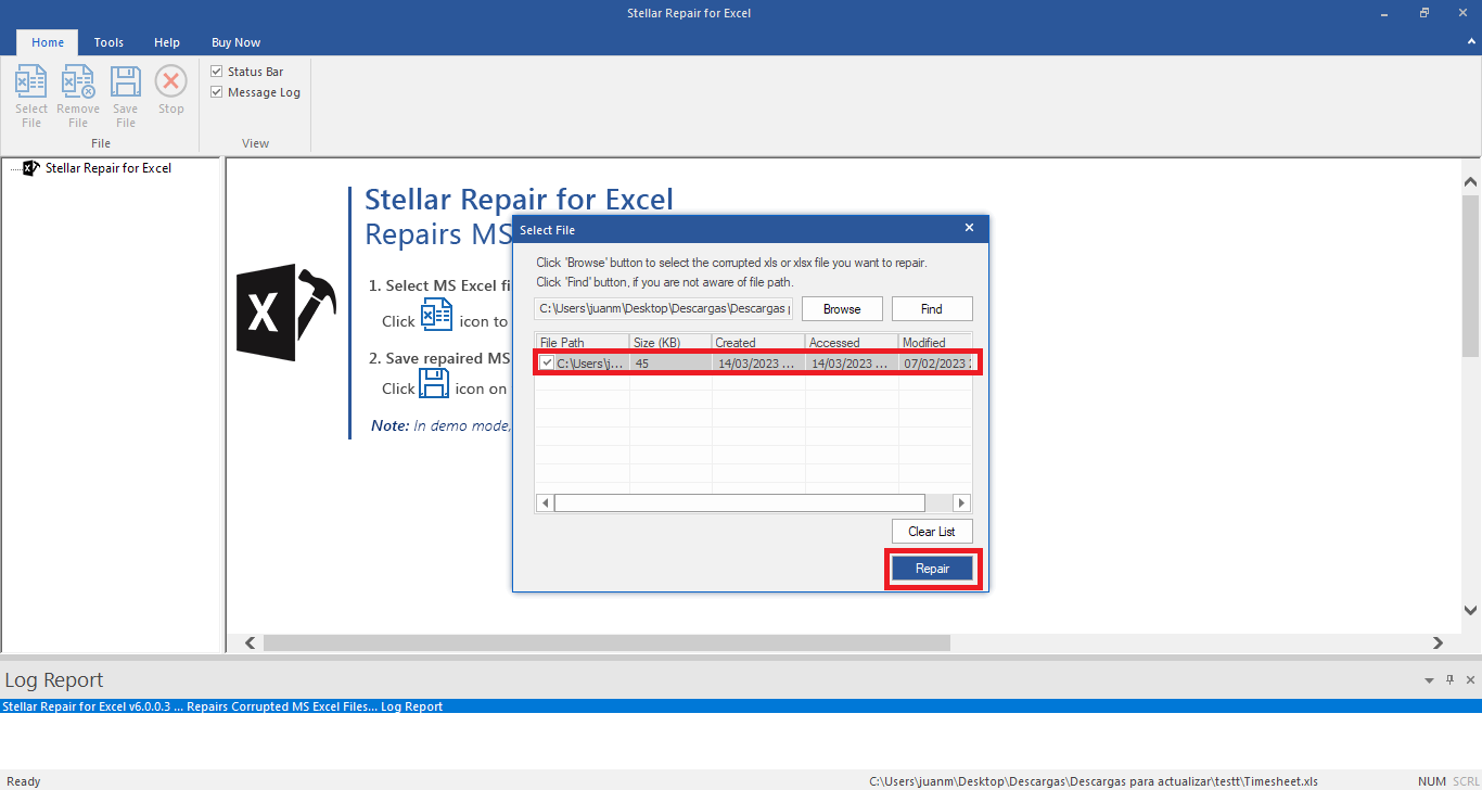 El archivo o los archivos de Excel dañados se mostrarán en la lista de la ventana "Select File".