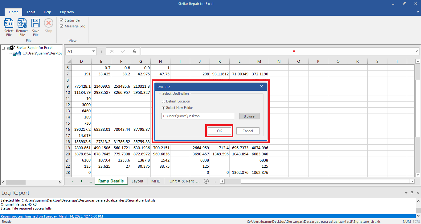 podremos seleccionar una carpeta en la que guardar el archivo Excel ya reparado o mantener la carpeta predeterminada.