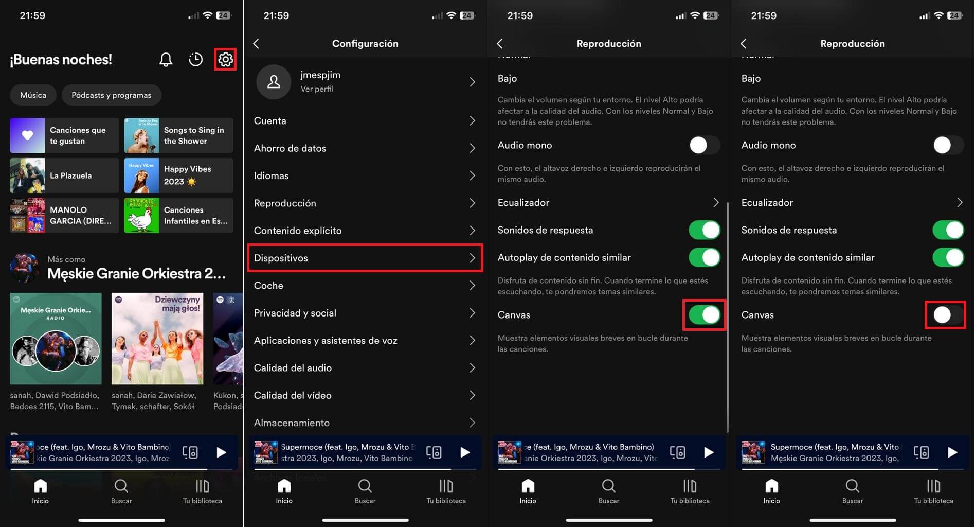 como activar o desactivar el canvas en spotify