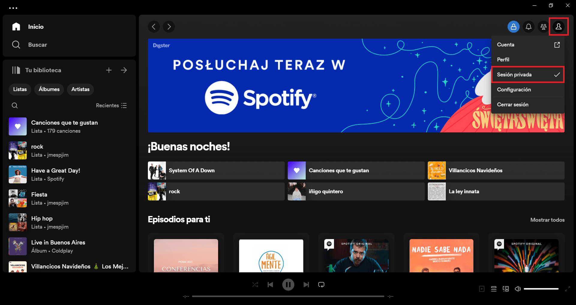 como activar el modo sesion privada en spotify