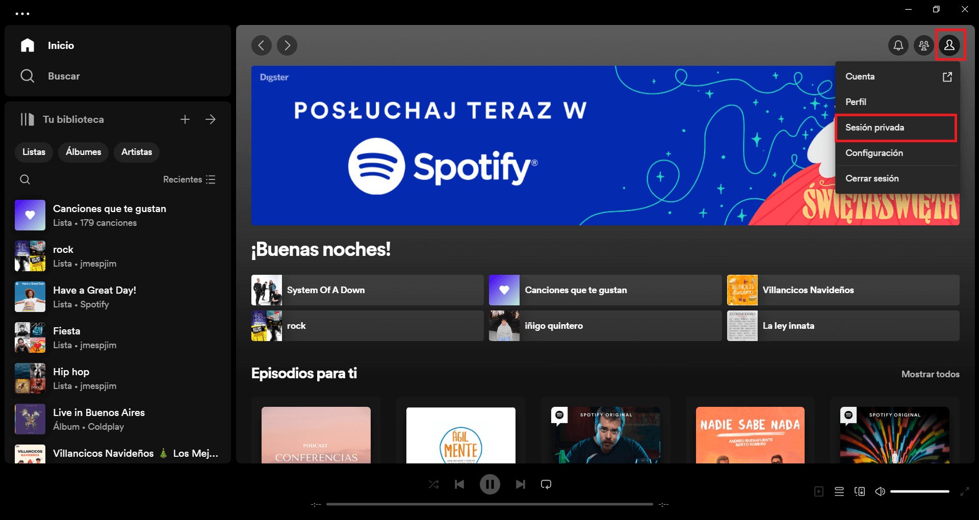 habilitar la sesion privada de spotify