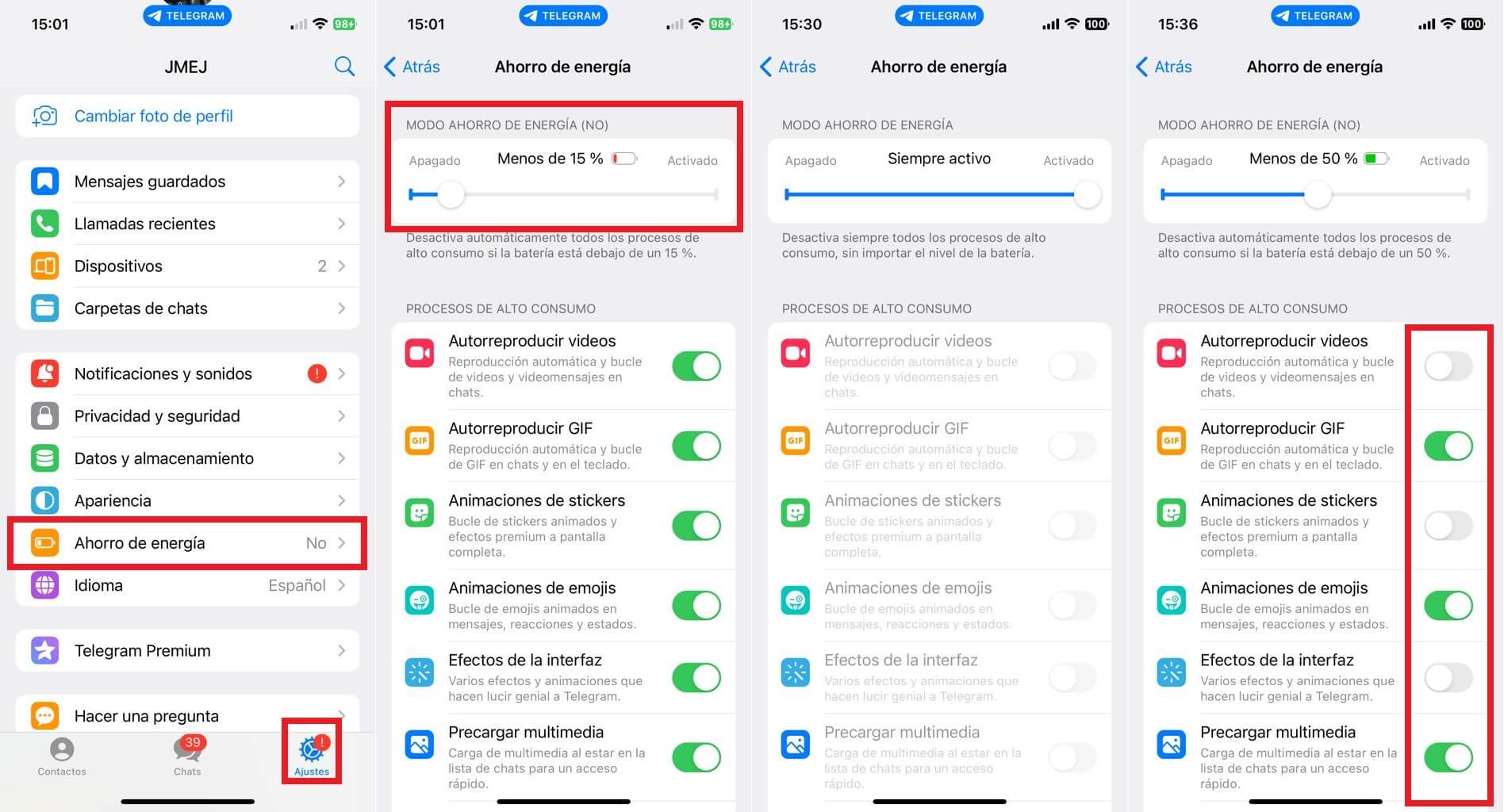 como activar y utilizar el ahorro de energía de Telegram en iPhone y Android