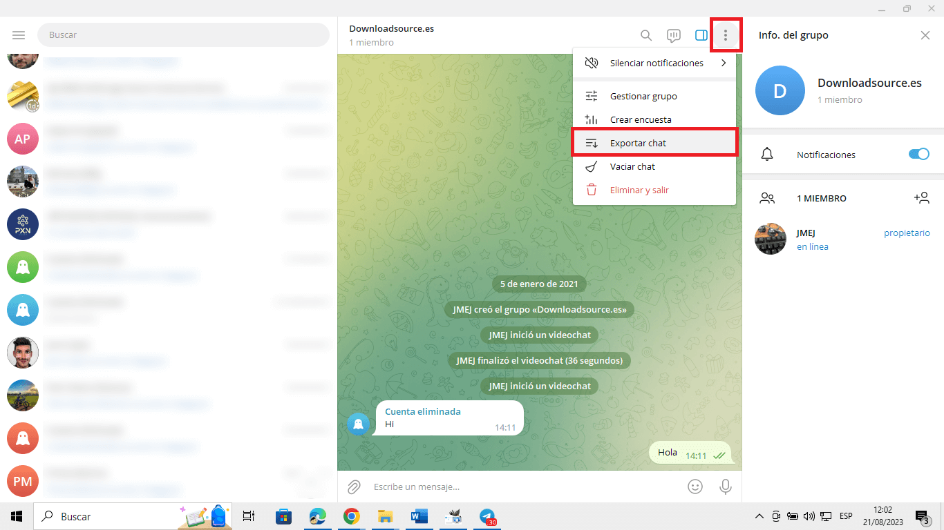 descargar los chats de telegram