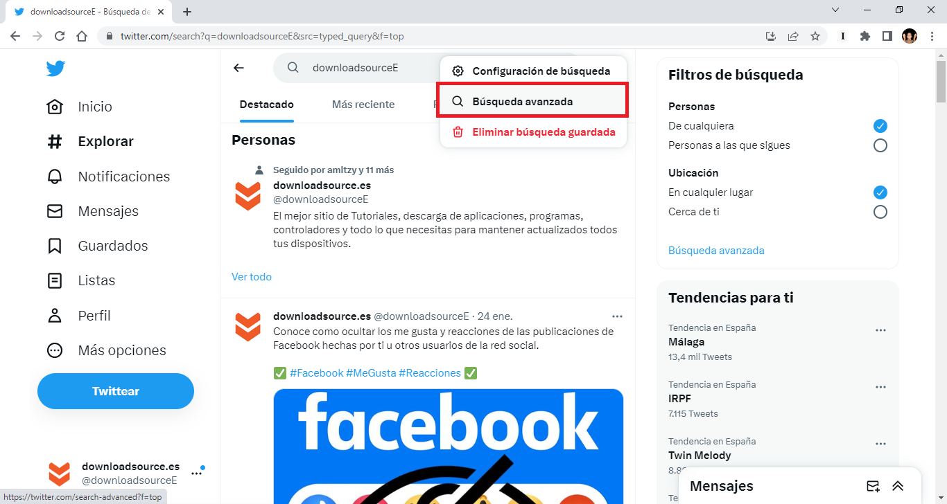 hacer uso de la busqueda avanzada de twitter