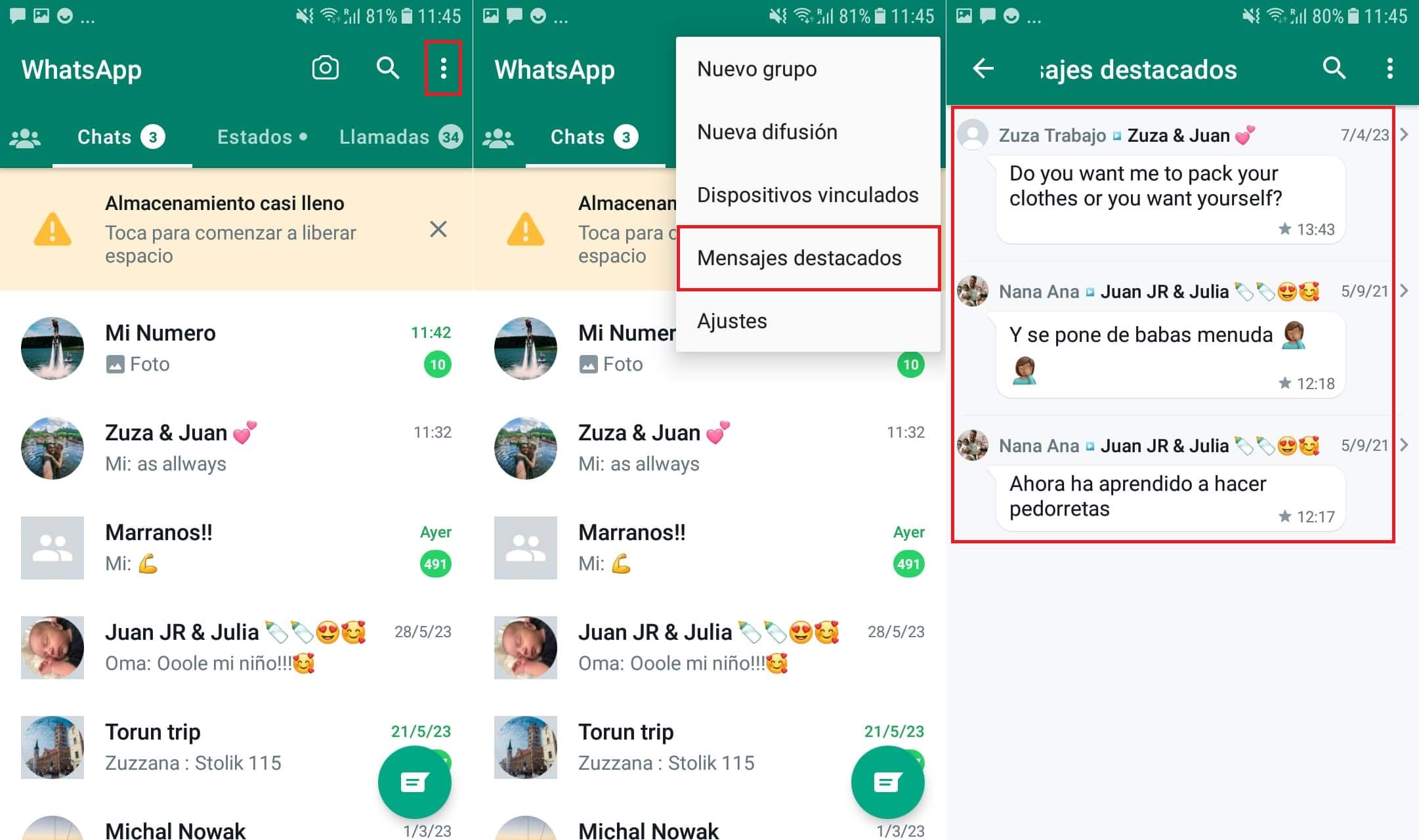 como ver todos los mensajes destacados de Whatsapp en Android