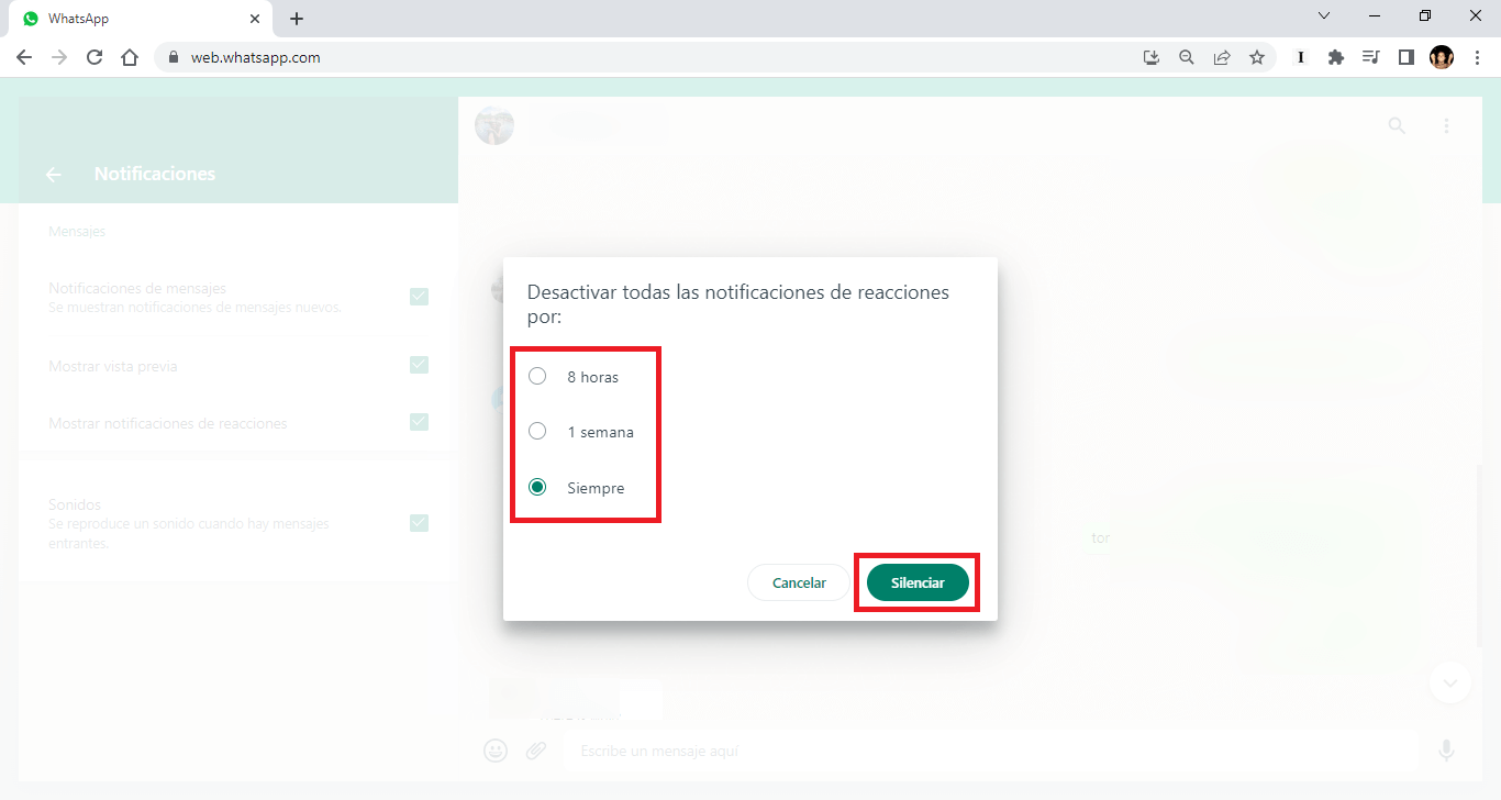 como desactivar las notificaciones de reacciones en whatsapp
