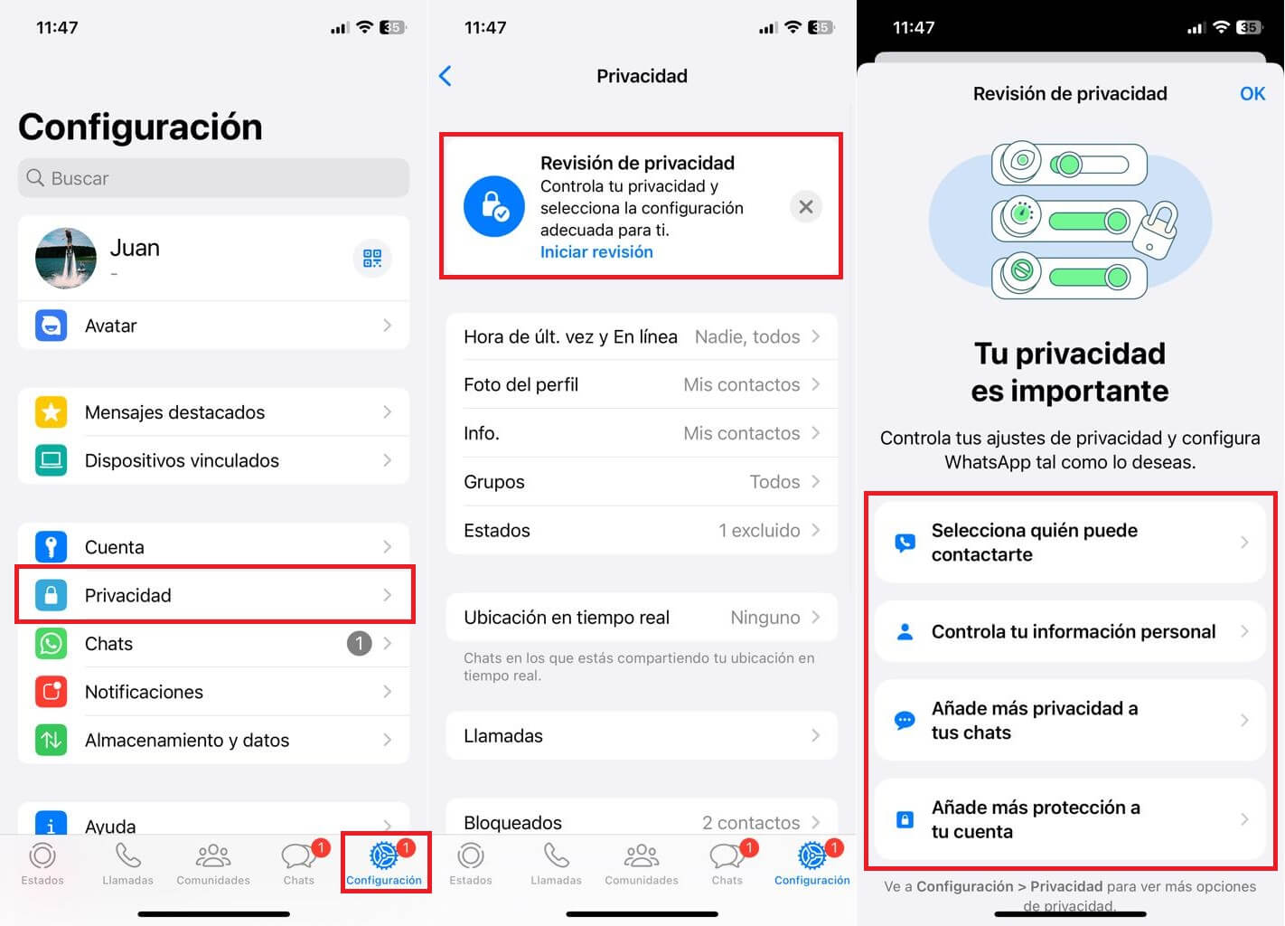 como usar la revision de privacidad de Whatsapp