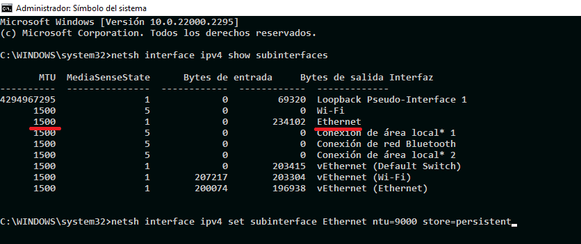 comprobar los cambios de MTU de windows 11