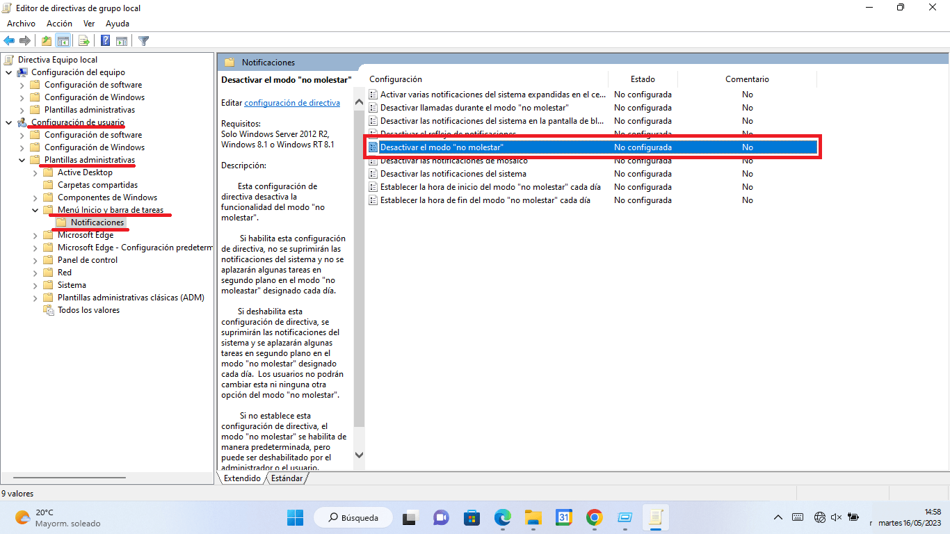 como habilitar el modo no molestar en Windows 11