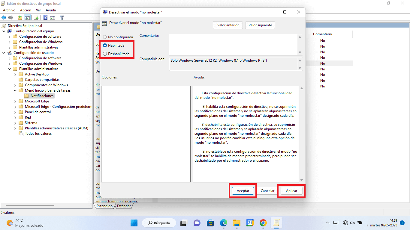 como deshabilitar el modo no molestar de windows 11