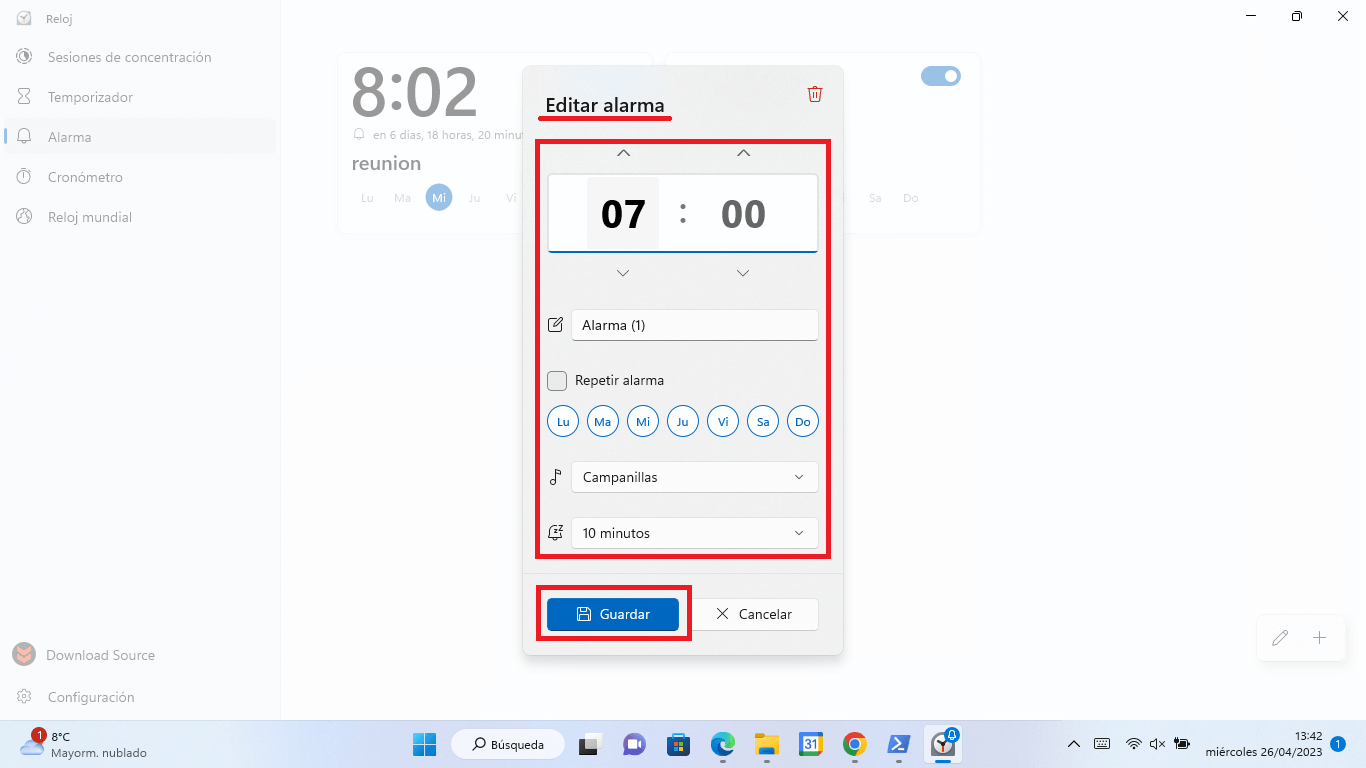 como editar una alarma de windows 11