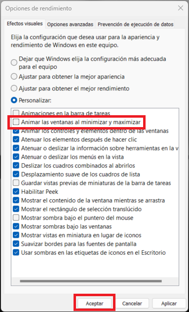 como deshabilitar la animación de windows 11