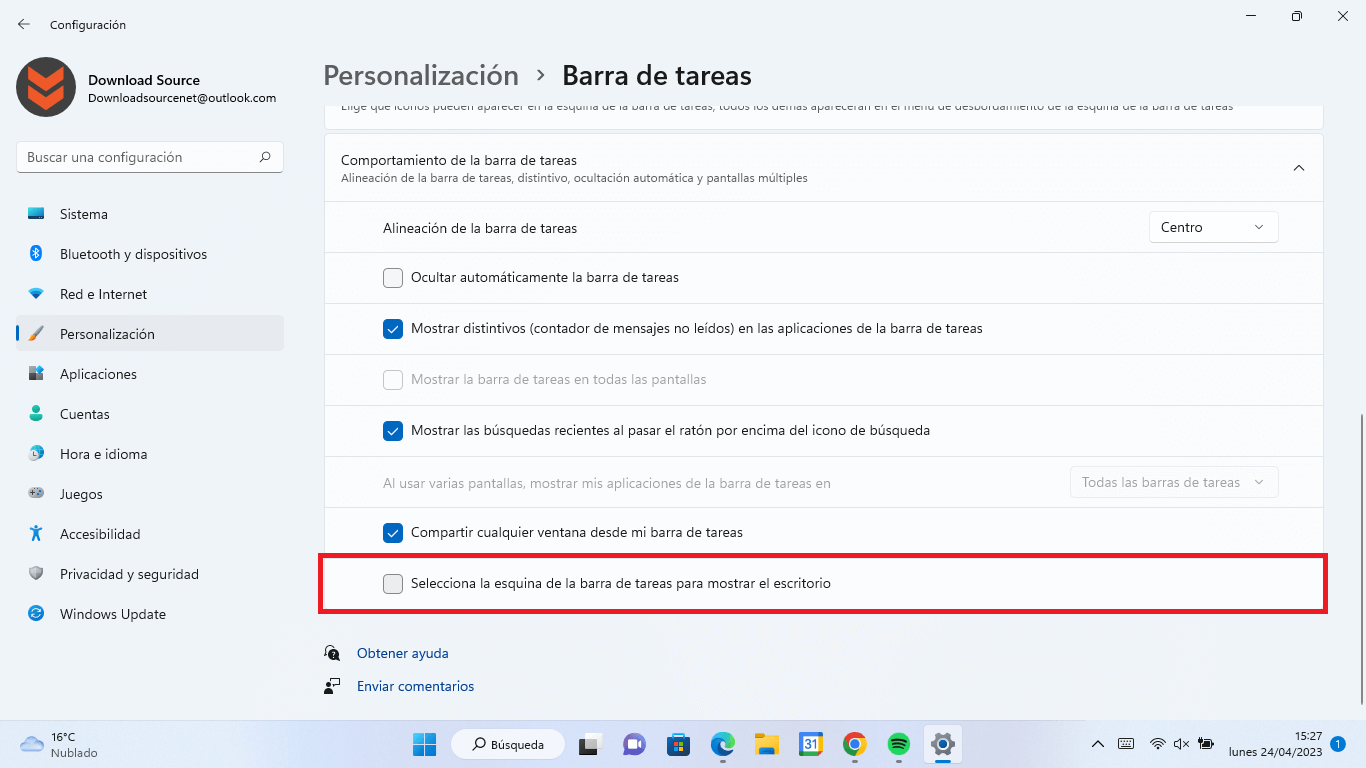 como desactivar o activar el botón de mostrar escritorio en windows 11