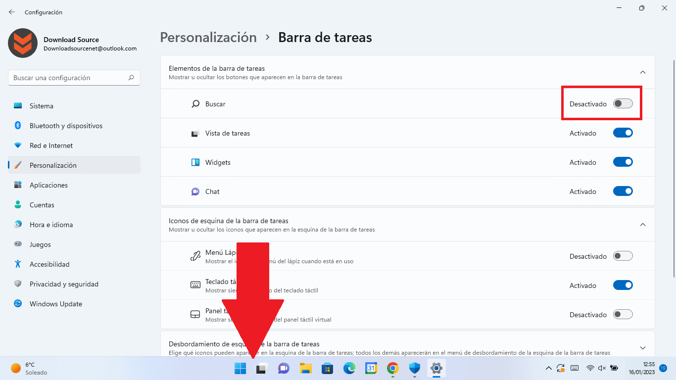 como desactivar el campo de busqueda de la barra de tareas de windows 11