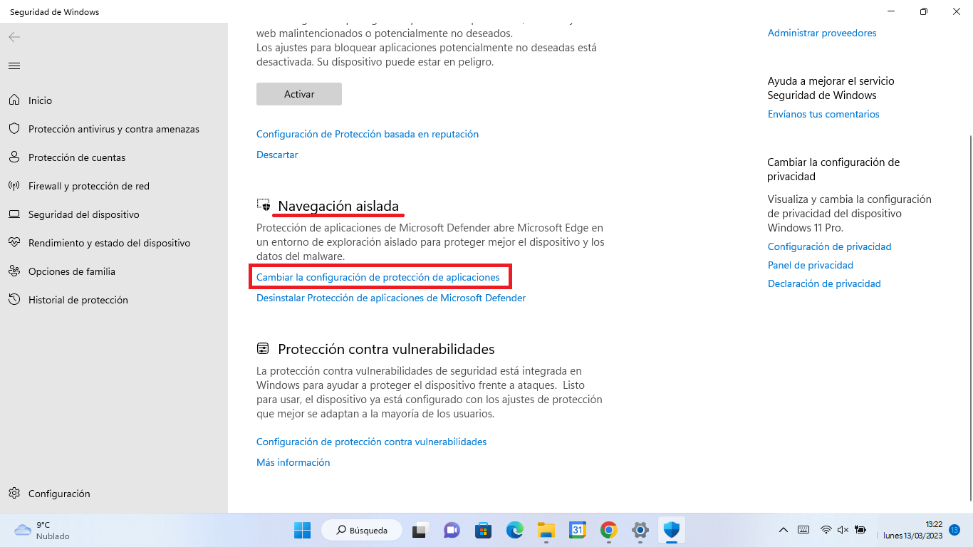 activar copiar y pegar en el modo navegacion aislado de Microsoft defender para Windows 11