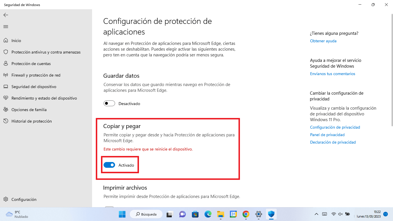habilitar copiar y pegar en el modo navegacion aislado de Microsoft defender en Windows 11