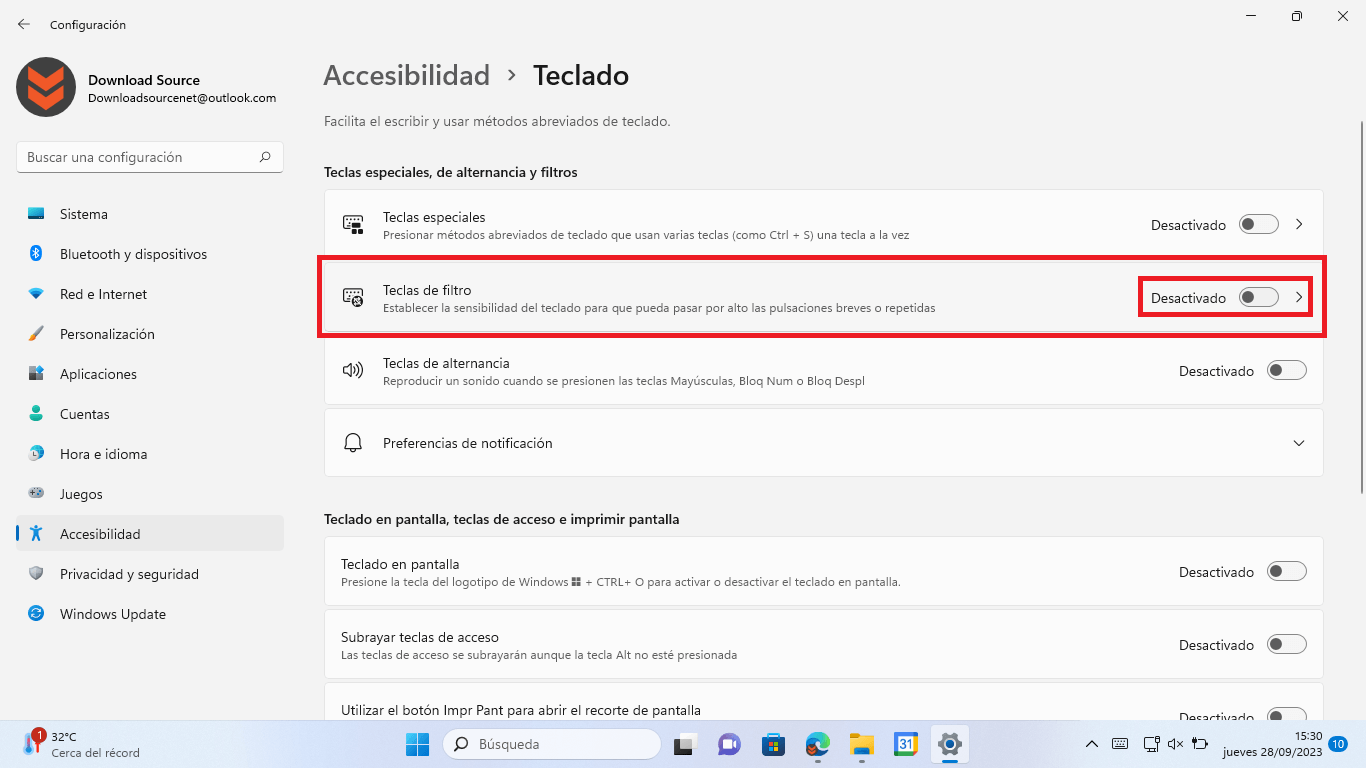 como activar o desactivar la funcion filtros de teclas de windows 11