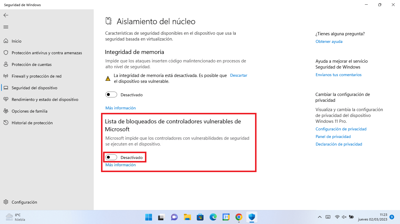 Windows 11 la lista de controladores peligrosos.