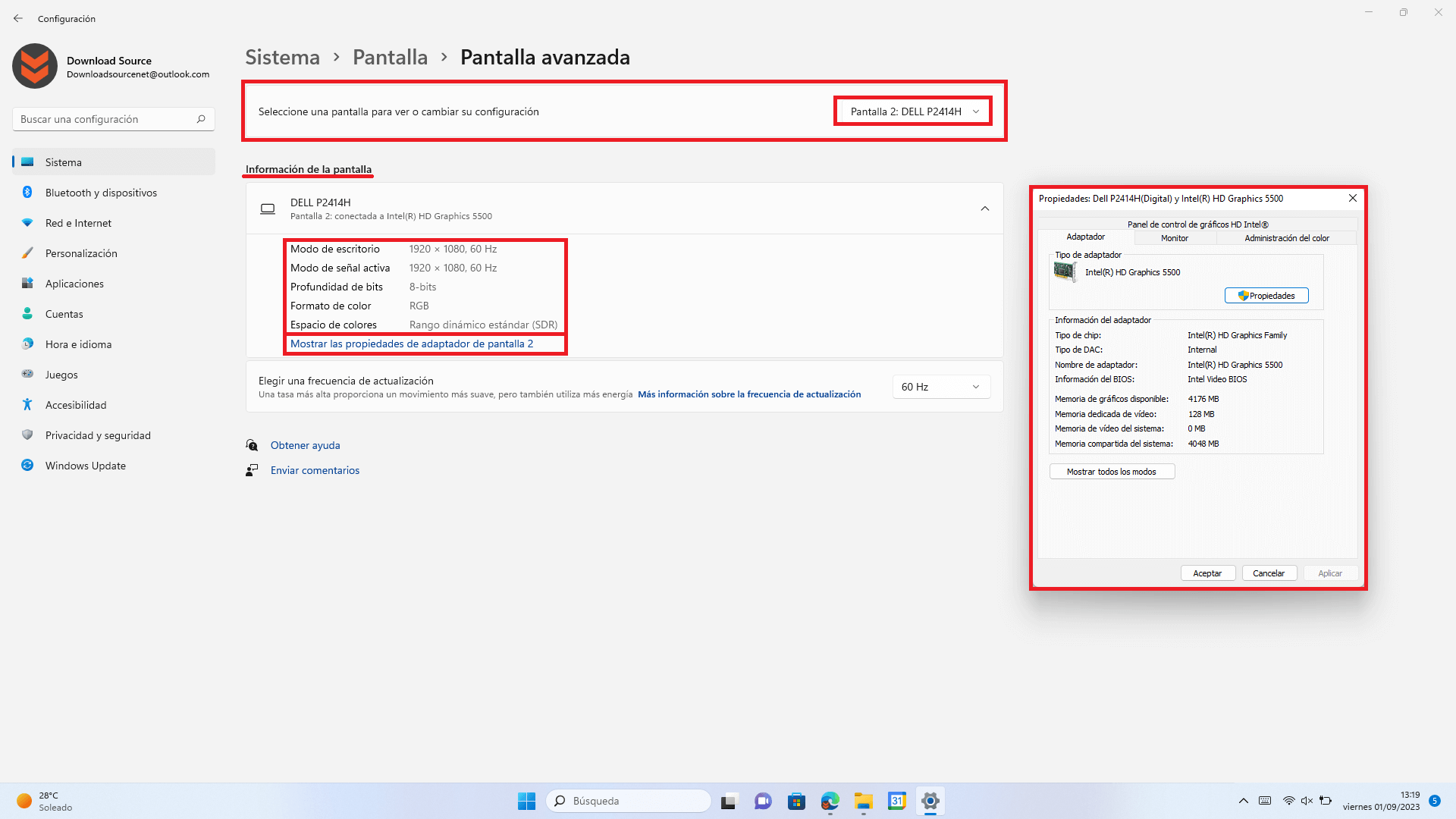 cuales son las especificaciones de tu monitor en windows 11