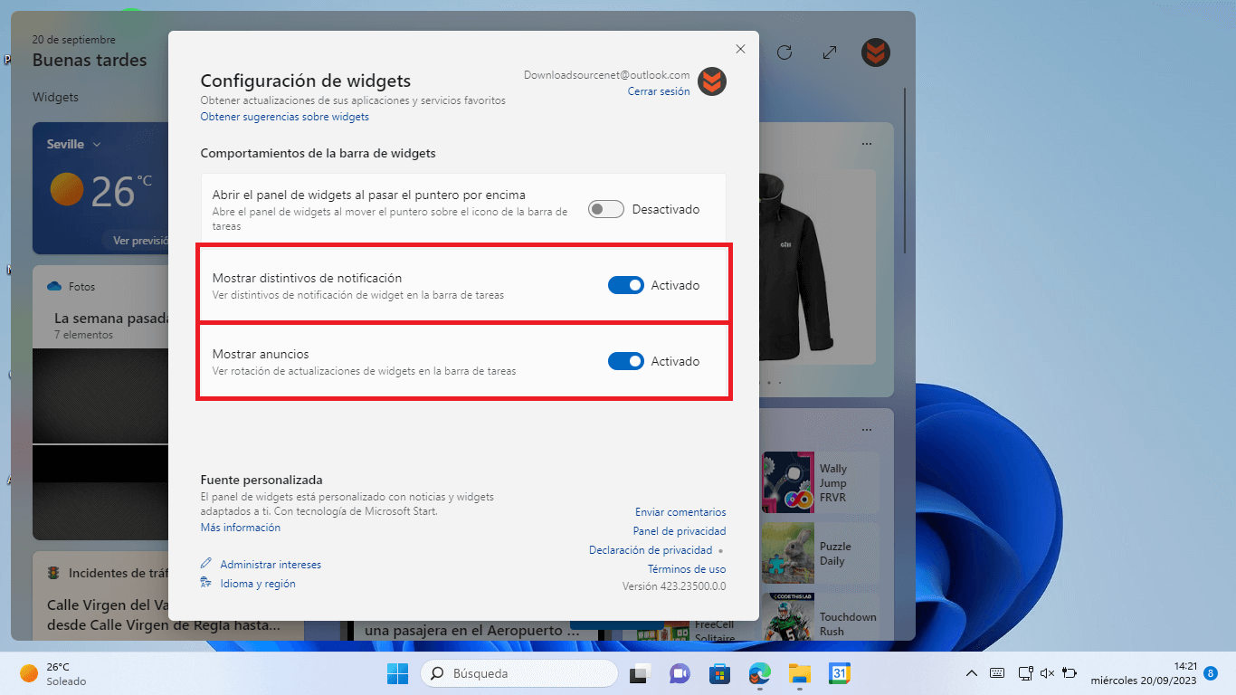 deshabilitar de las notificaciones de widgets en windows 11