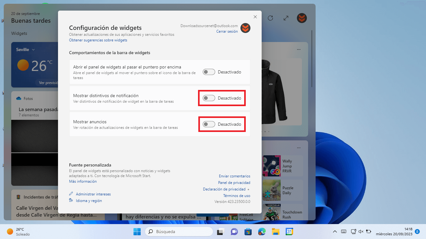 como desactivar las notificaciones de los widgets de windows 11