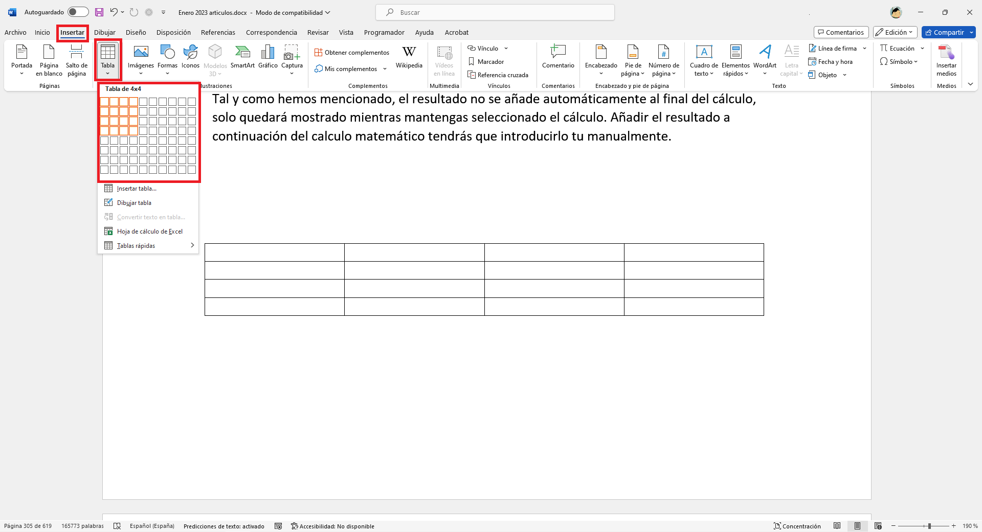 como realizar calculos en documento de word