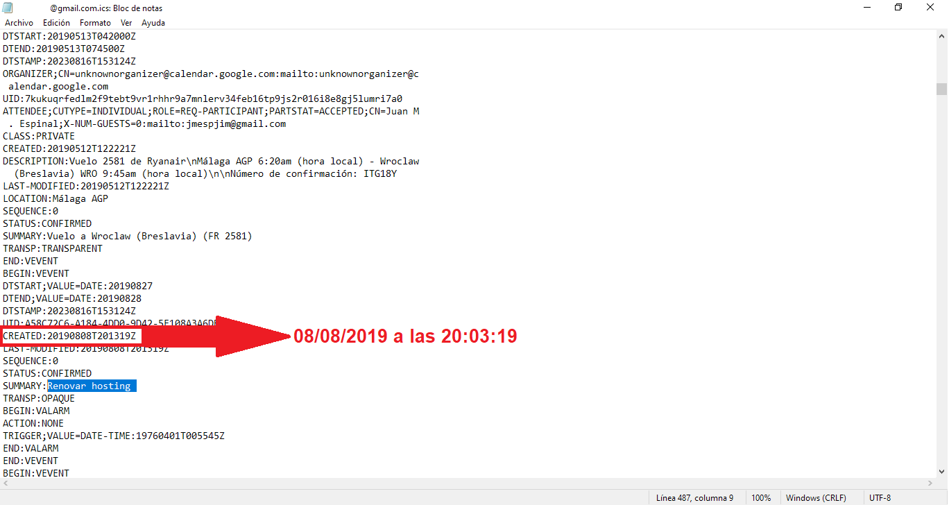 hora y fecha de la creacion de un evento del calendario de google