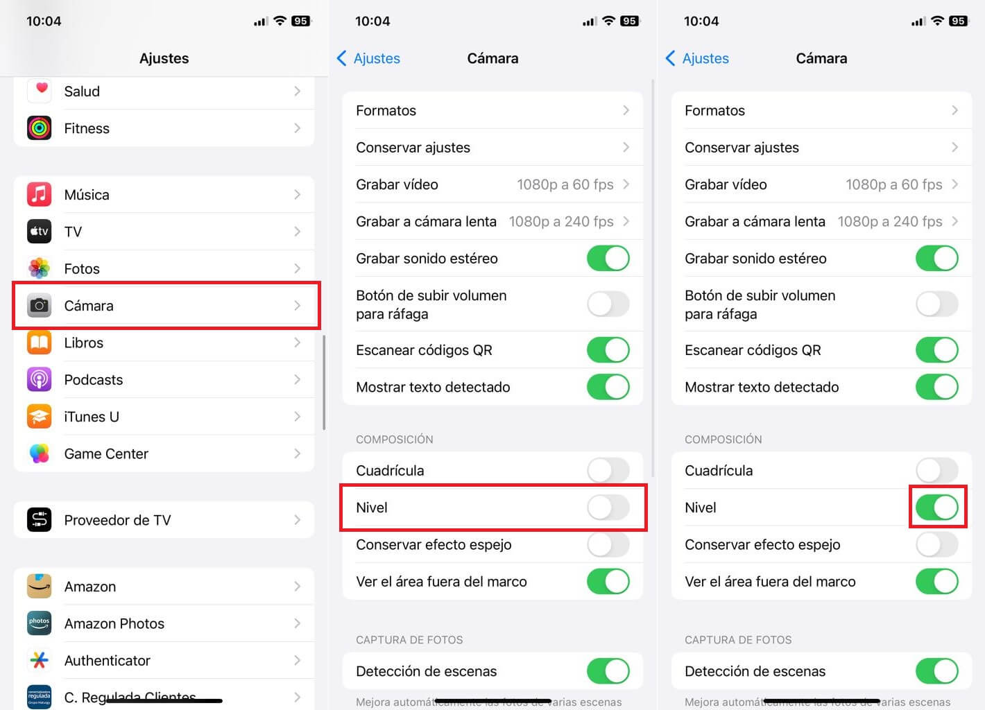 como activar el nivel de la camara de iPhone